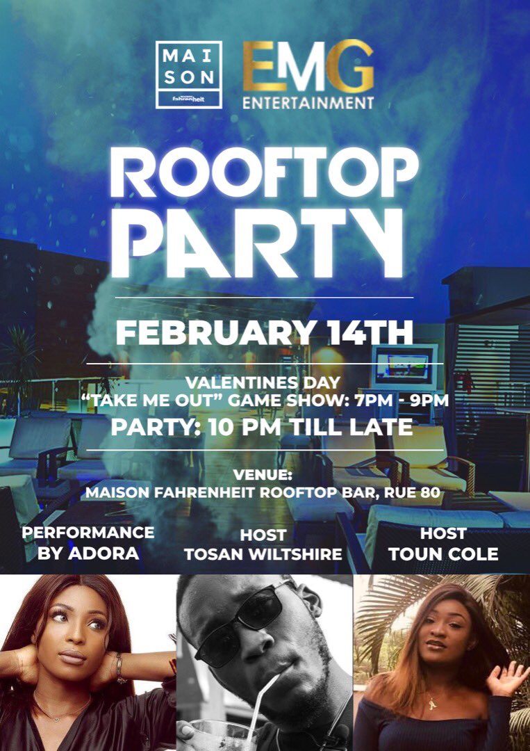 SonariwoOnDeck's tweet photo. Starting the year off with a preview of what we got planned for @EMG_ENTS 😁🇳🇬 Motive for Valentine’s Day 
 
Maison X EMG 
ROOFTOP PARTY 
@maison__fahrenheit 
#CheckYourDms https://t.co/xz8EwNoXg2