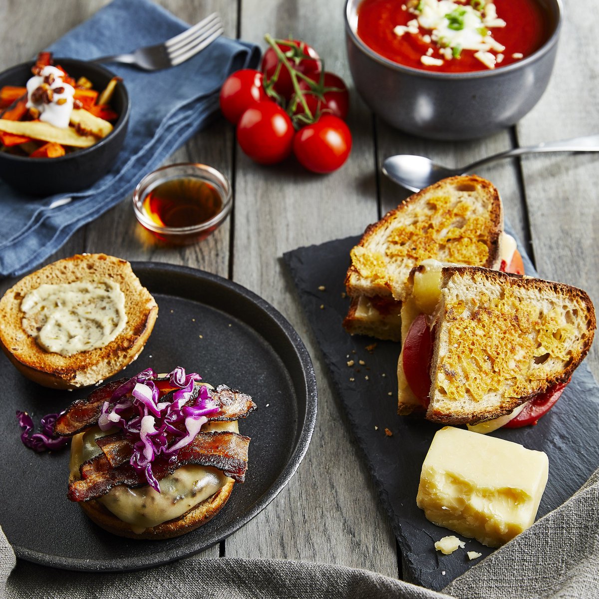 Winter Seasonals (2.0) are HERE! Introducing the Maple Bacon Burger, Grilled Tomato &amp; Cheese, and Tomato Soup. All toasty, all hearty, all delicious.