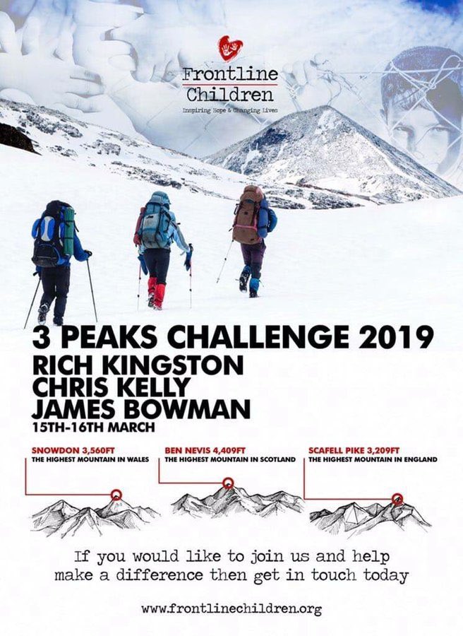 Just over four weeks until @RichieK_YSW @JustChrisKelly and @JamesBowmanR take on the 3 highest peaks in the UK  in support of <a href="/FrontlineChild/">Frontline Children</a> 

You can help us reach our target here 👇🏻 or with a simple RT 😁🇬🇧🏔🏔🏔

Sponsor still required 🤙

justgiving.com/crowdfunding/r…