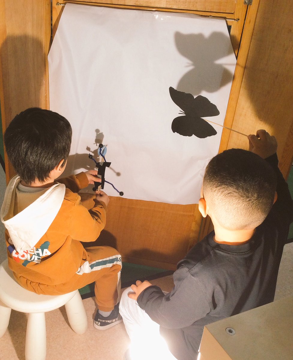 CaseyCrescenti's tweet photo. The shadow puppet theater is open! Ss loved the animal silhouettes I made, but were way more excited to play with their own puppets made out of popsicle sticks, bottle caps, yarn, beads and pipe cleaners. @ASBschool #PreK #ECE #shadowplay #InquiryMindset https://t.co/sfvkCjZBm8