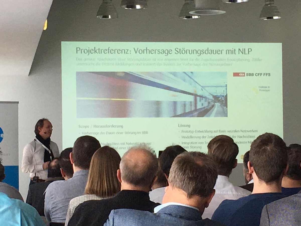 DataInnoCH's tweet photo. At #maintenanceCH Harm Flik from @zuehlke_group talks about an example from his #project with @sbbnews to predict #Störungsdauer. #PredictiveMaintenance #MachineLearning #industrial #maintenance #DataScience @EF_maintenance https://t.co/81ef5nMZzU