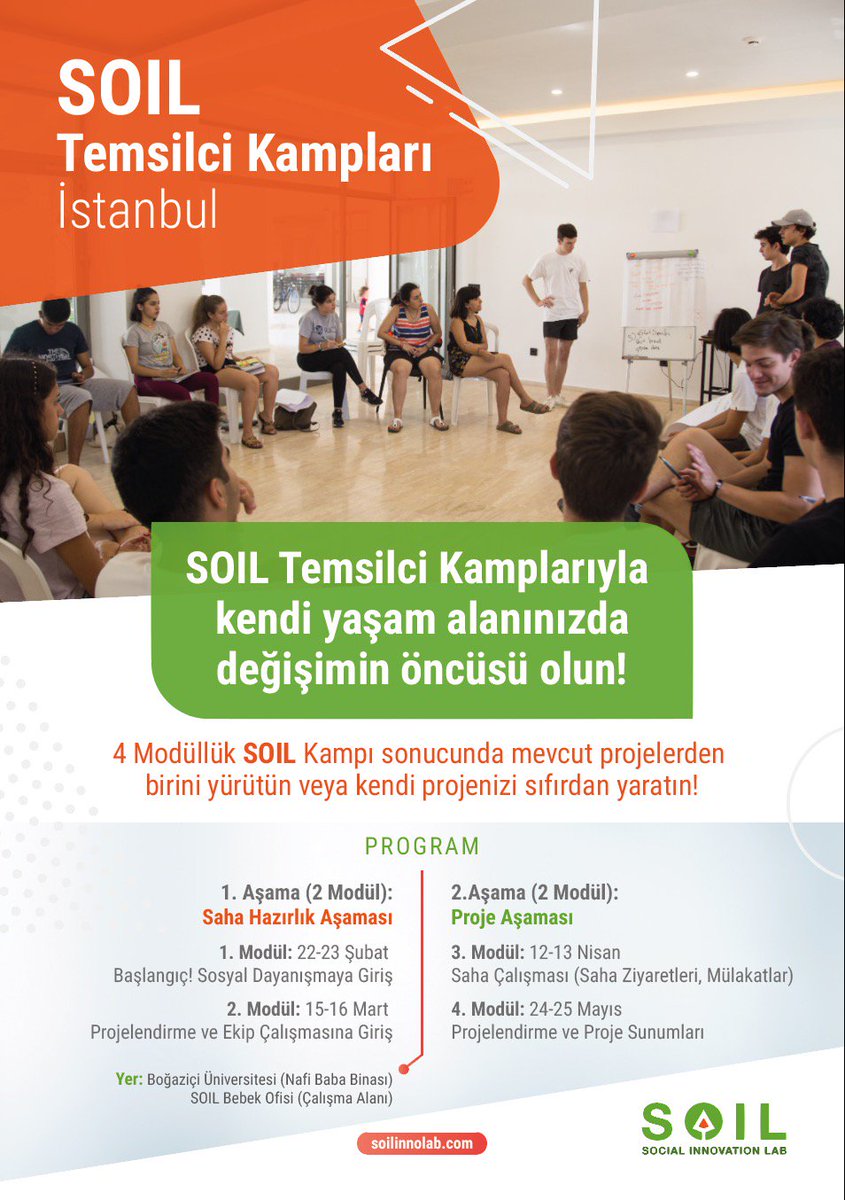 soilinnolab's tweet image. SOIL Temsilci Kamplarıyla kendi yaşam alanınızda değişimin öncüsü olun! İlk modül 22-23 Şubat’ta Boğaziçi Üniversitesi’nde!
4 Modüllük SOIL Kampı sonucunda mevcut projelerden birini yürütebilir veya kendi projenizi sıfırdan yaratabilirsiniz.
Başvurmak için soilinnolab.com/basvuru-sureci/