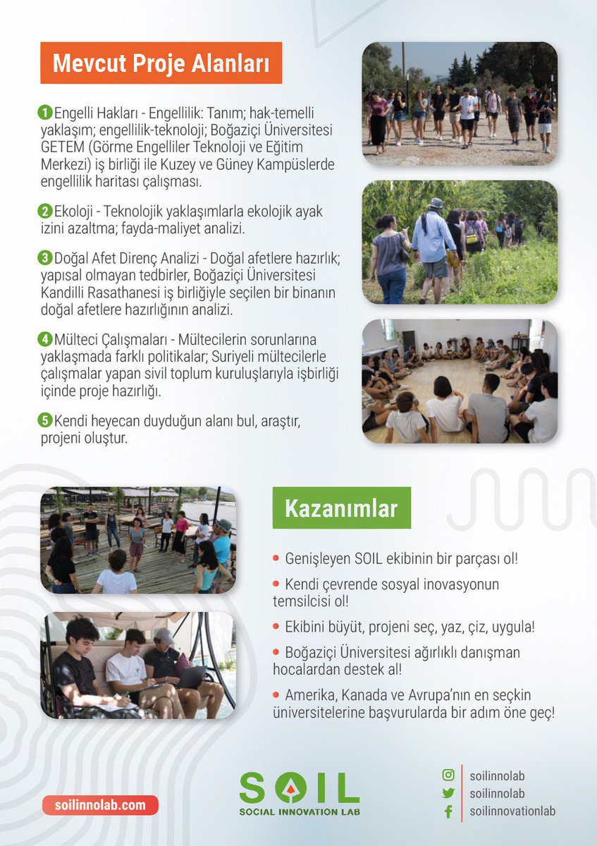 soilinnolab's tweet image. SOIL Temsilci Kamplarıyla kendi yaşam alanınızda değişimin öncüsü olun! İlk modül 22-23 Şubat’ta Boğaziçi Üniversitesi’nde!
4 Modüllük SOIL Kampı sonucunda mevcut projelerden birini yürütebilir veya kendi projenizi sıfırdan yaratabilirsiniz.
Başvurmak için soilinnolab.com/basvuru-sureci/