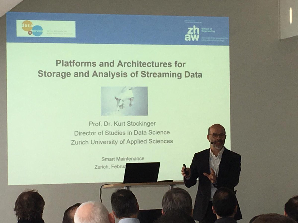 DataInnoCH's tweet photo. At #maintenanceCH #conference, Kurt Stockinger of @DataScienceCH @engineeringzhaw talks about #platforms and #architectures for #storage and #analysis of #streaming #data. He says for projects #datamanagement is most important! #Spark #BigData #technology https://t.co/rvbVGFeQys