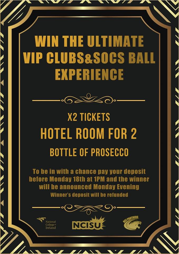 SocNci's tweet photo. ******Competition**********
For anyone considering heading to the NCI Clubs&amp;Socs ball, highly recommend you get your ticket before Monday so you have the chance to win this VIP package! #ncipsychsoc #ballin #clubsandsocs https://t.co/FgpfQvgk77