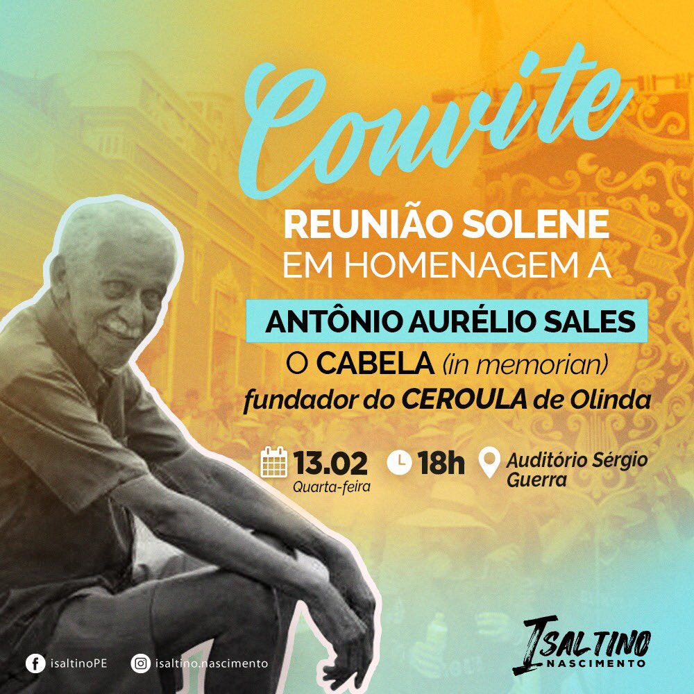 Isaltinonascim2's tweet photo. Amigas e amigos hoje as 18 h no auditório Sérgio Guerra na ALEPE estaremos homenageando um dos fundadores do Ceroula de Olinda Cabela . Venha participar conosco desse momento especial para os familiares e amigos . @ceroula_oficial #cerouladeolinda @marquinhosdaceroula https://t.co/DI0dLkidfB