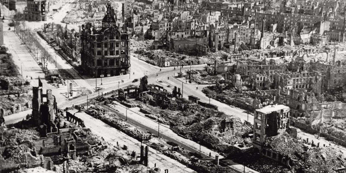 Resultat d'imatges per a "1945 The Royal Air Force Bomber Command devastates the German city of Dresden with night raids by 873 heavy bombers. The attacks are joined by 521 American heavy bombers flying daylight raids."