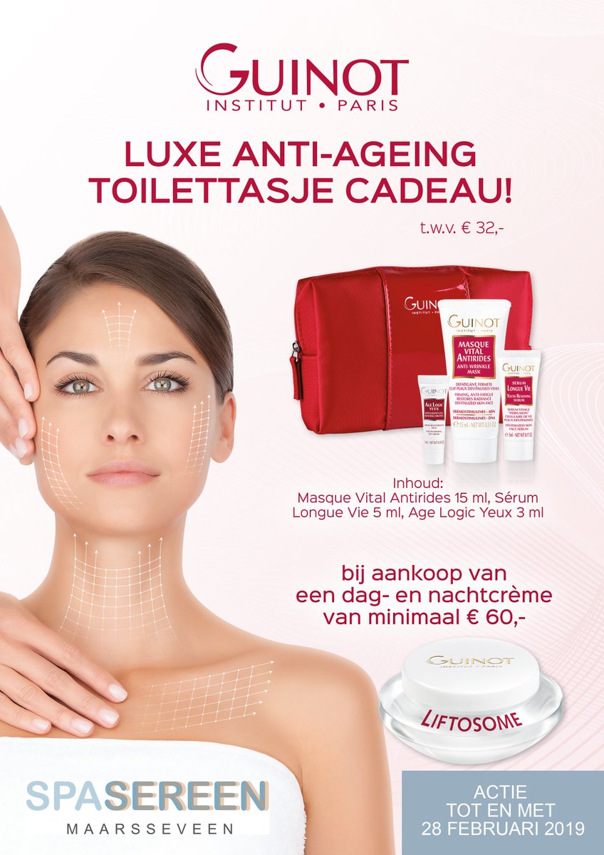 In de maand februari krijg je bij #SpaSereen een luxe anti-ageing toilettasje cadeau (t.w.v. € 32) bij aankoop van een Guinot dag- en nachtcrème! Kijk op onze site voor al onze #gezichtsbehandelingen. spasereen.nl/behandelingen/