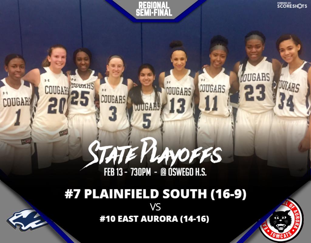 PSHSGBBALL's tweet photo. Plainfield South opens up the #IHSA State Playoffs tonight vs East Aurora @ Oswego H.S.  Game will tip off at 7:30pm.  Come out and support your Lady Cougars @Blue_CrewPSHS #CougarPride #MakeHistory https://t.co/dc2wOHq6GP