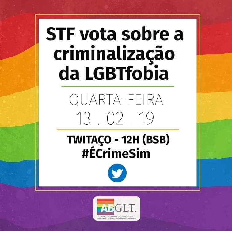 DepValmir's tweet photo. Hoje, o STF vota sobre a criminalização da LGBTfobia. Fundamental a atenção de todos e todas para que tenhamos este avanço. O Brasil é um dos países que mais mata LGBTIs e isso precisa mudar. As diversas formas de amar não podem ser objetos de preconceito. #ECrimeSim https://t.co/RB3j4cRVeL