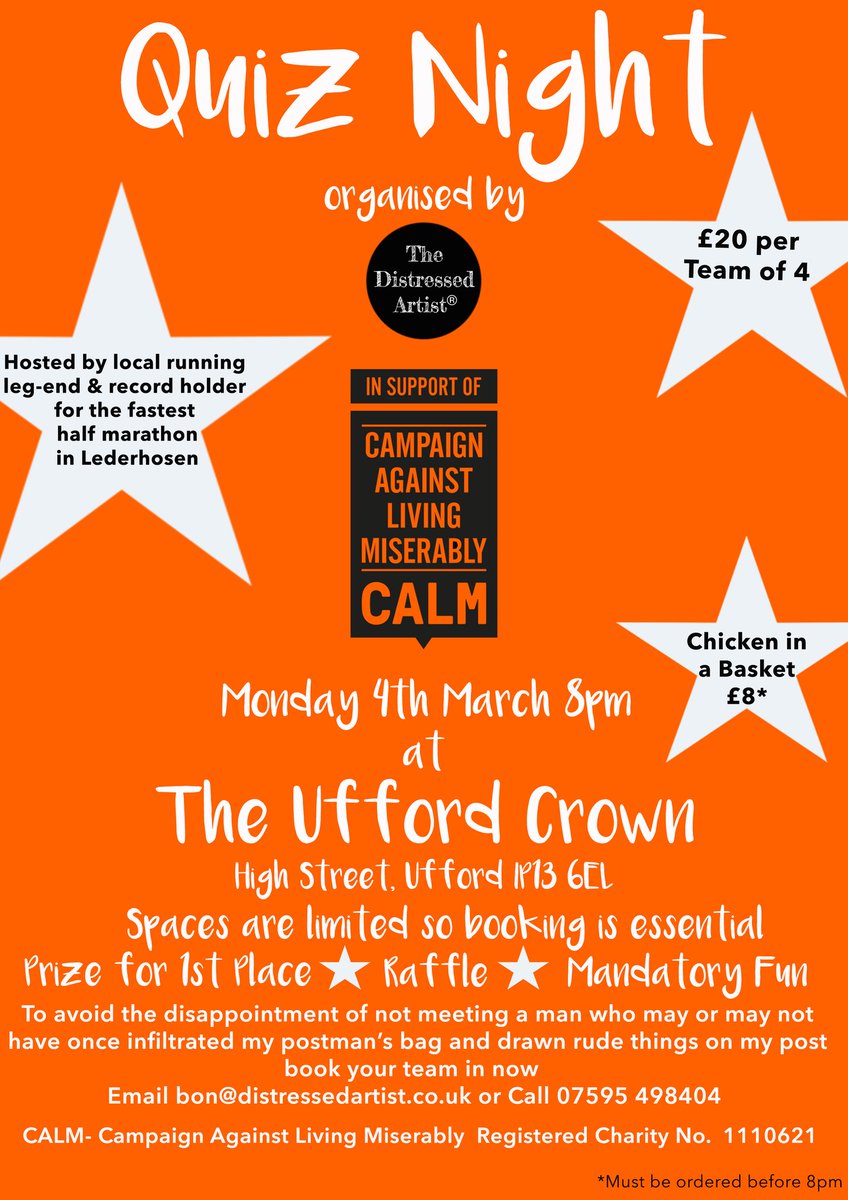theuffordcrown's tweet image. Come and support @DistressedArt in the forthcoming #charity pub quiz to raise funds for @theCALMzone in the run up to @LondonMarathon - we're thrilled to be hosting this event so book now!