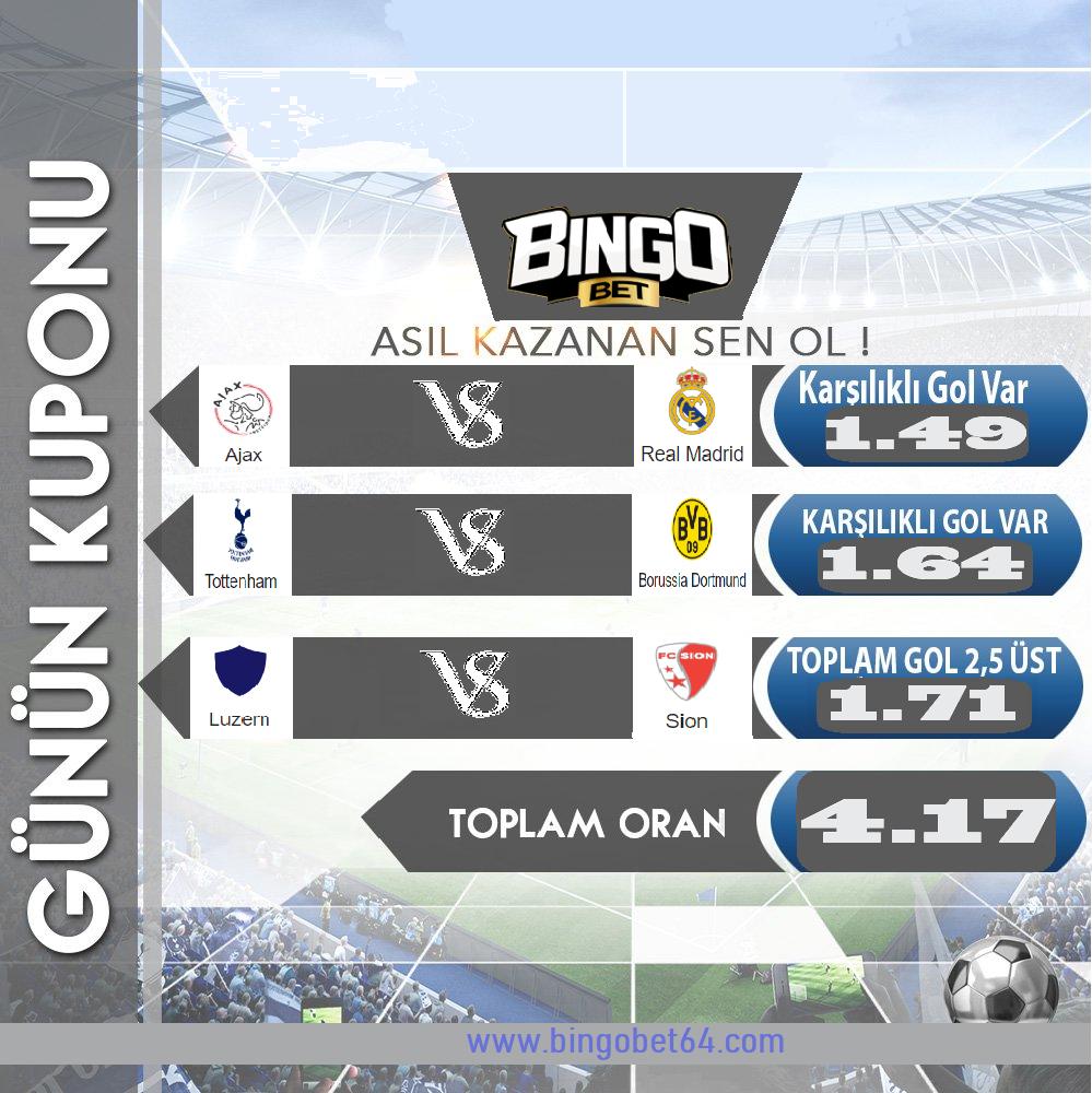 #GününKuponu #RealMadrid #Dortmund #Tottenham #Luzern #Sion #BingoBet
partnerx.bethub.io/imp/bingobet/1…