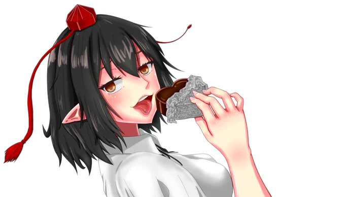 バレンタイン絵できた!ハイライトなしも悪くないんじゃないかと思った背景色が強くて目が痛いから無し差分もご用意RTオネシャス!!!#絵描きさんと繋がりたい #絵描きさんとつながりたい #射命丸文#東方project 