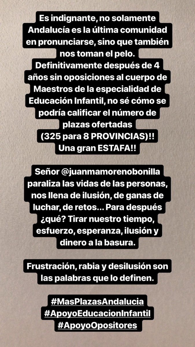 natialmeria's tweet photo. Es indignante!!! Jugáis con nuestro puesto de TRABAJO!!  @JuanMa_Moreno     #ApoyoEducacionInfantil #MasPlazasAndalucia #ApoyoOpositores https://t.co/1ZfVy9LlyI