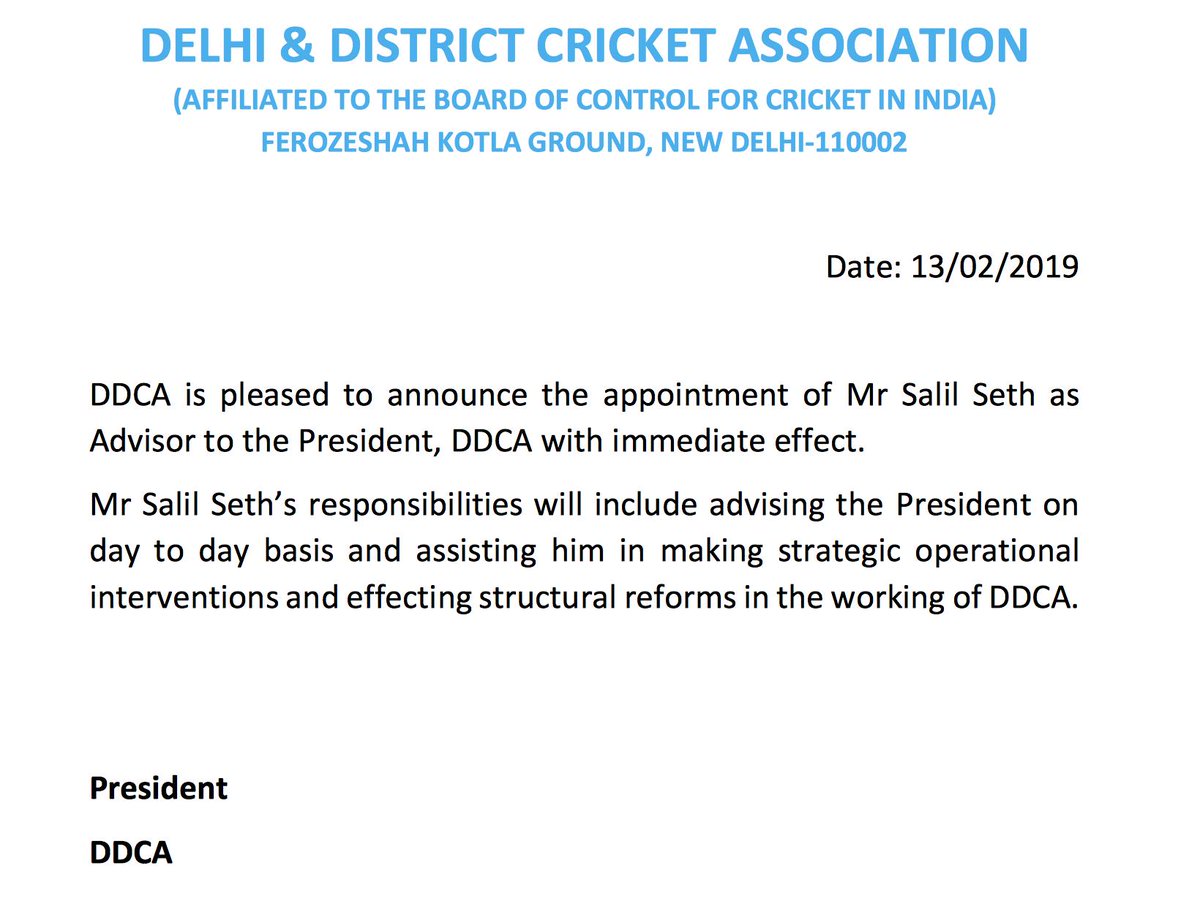 The only Press Release today on the DDCA site is of the appointment of Salil Seth as Advisor to President. The roles mentioned are interesting. Basically an admission that the President doesn't know jack shit 🤣. Also a veiled attack on Lodha 'structural' reforms 😆
