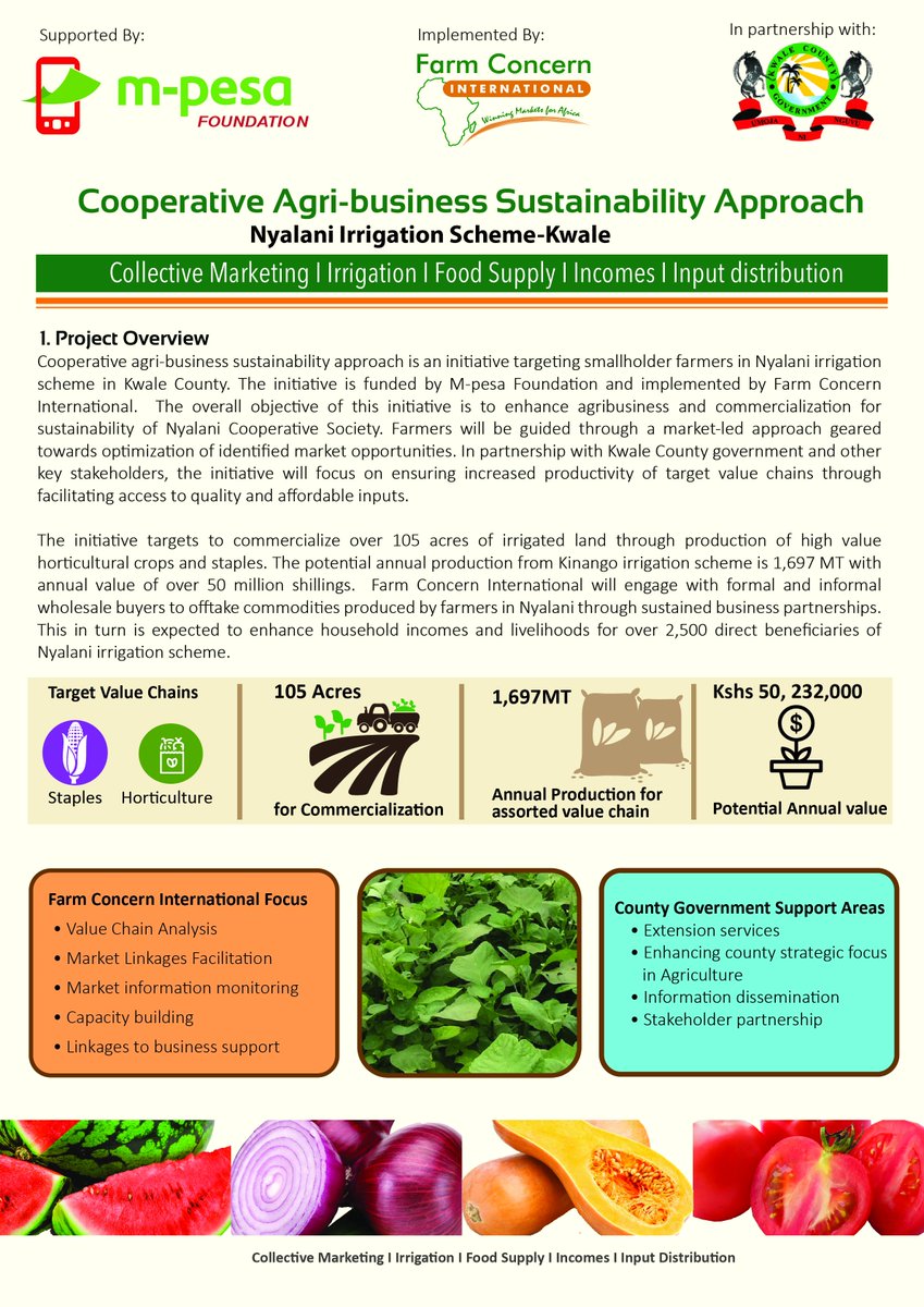 Cooperative Agri-business Sustainability Approach is an initiative funded by M-pesa Foundation and implemented by Farm Concern International to enhance agribusiness and commercialization sustainability of Nyalani irrigation scheme in Kwale County. 
bit.ly/2tmhxaR
