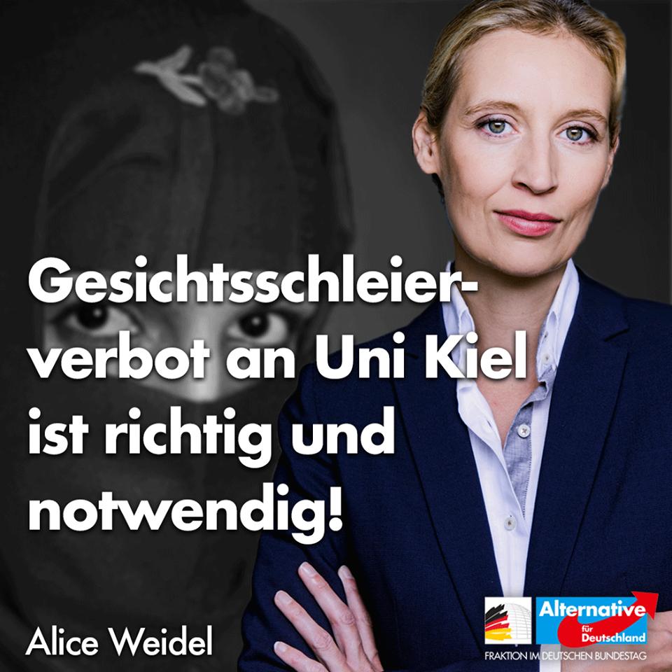 Alice_Weidel's tweet photo. +++Gesichtsschleierverbot an Uni #Kiel richtig &amp; notwendig!+++
Dass ein Sprecher der Grünen das Verbot eines Symbols der Unterdrückung der  Frau im Islam als ‚frauenfeindlich‘ bezeichnet, zeigt, wie sehr dort die Maßstäbe durcheinandergekommen sind.
#AfD
➡️https://t.co/2ayIeAlY4w https://t.co/KDHUYUN65y