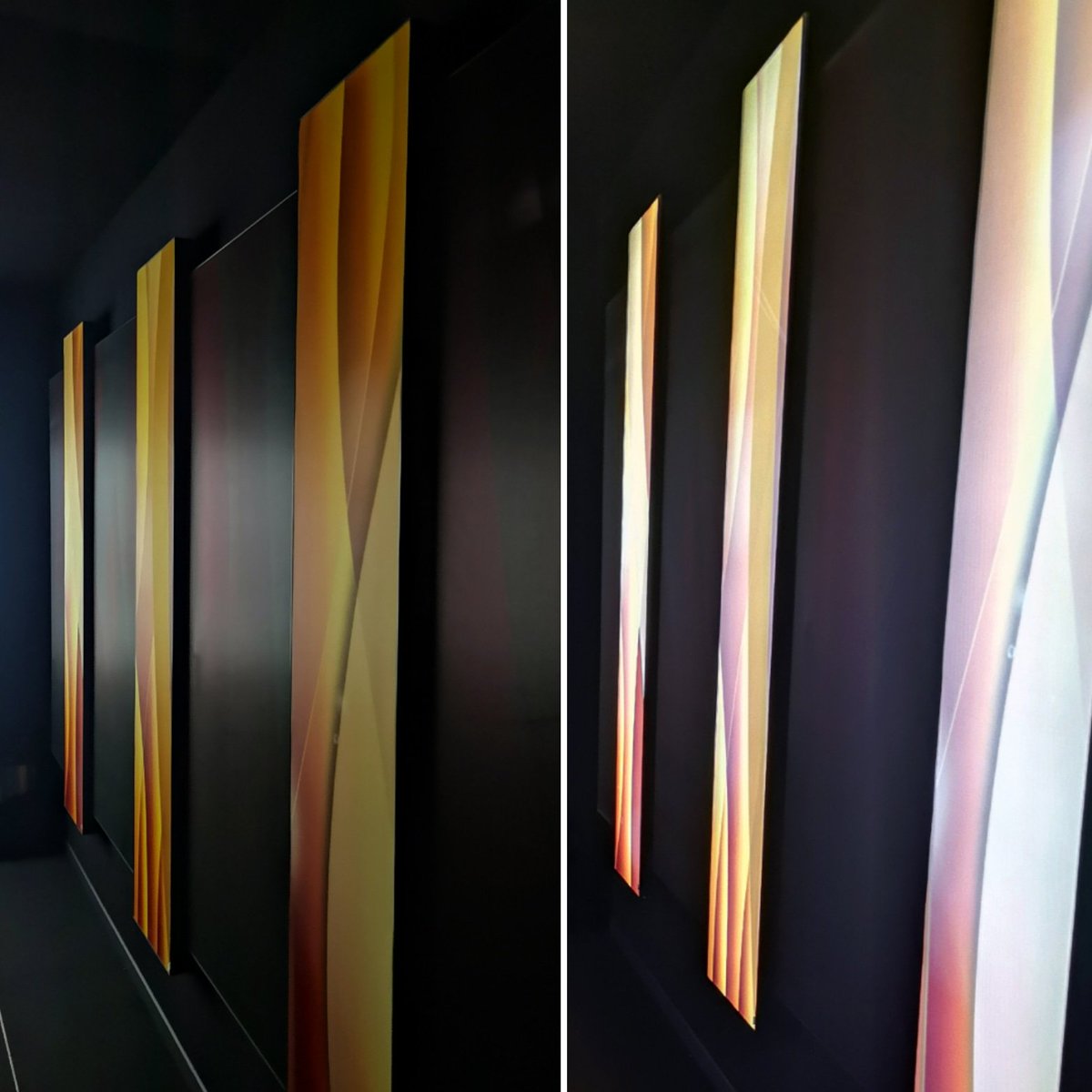 lightwalls's tweet image. @ISE_Show memories. Lantern theme with backlit panels off and on. Right wall of cinema demo room at @Barco_Resi stand. #modern #style #backlitPanel #colourTheme #custom #easytofit #DimmableWhite #light #AcousticallyTransparent #design #technology #function #ISE2019