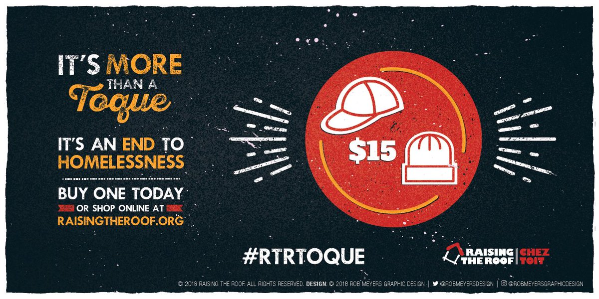 Twitter ad design for @RaisingTheRoof to promote this year’s Toque Campaign. Buy one today! #rtrtoque #endhomelessness #twitter #ad #hat #toque #toquetuesday #socialmediamarketing #vectorart #typography #illustrator #texture #grime #design #graphicdesign #robmeyersgraphicdesign