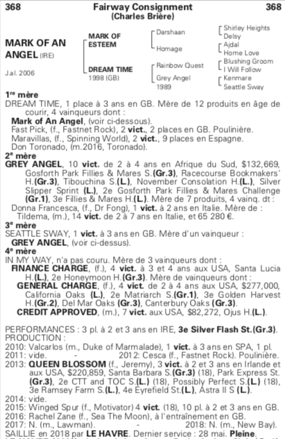 VENTE MIXTE DE FEVRIER ARQANA - JOUR 2 ✨
📍 LOT 368 - MARK OF AN ANGEL (Mark of Esteem), J.al. 2006
Pleine de LE HAVRE
72.000€
Vendeur : Fairway Consignment
Acheteur : Cathy Grassick
Elle est la mère de Queen Blossom (Jeremy), double lauréate de Gr.3 aux USA.