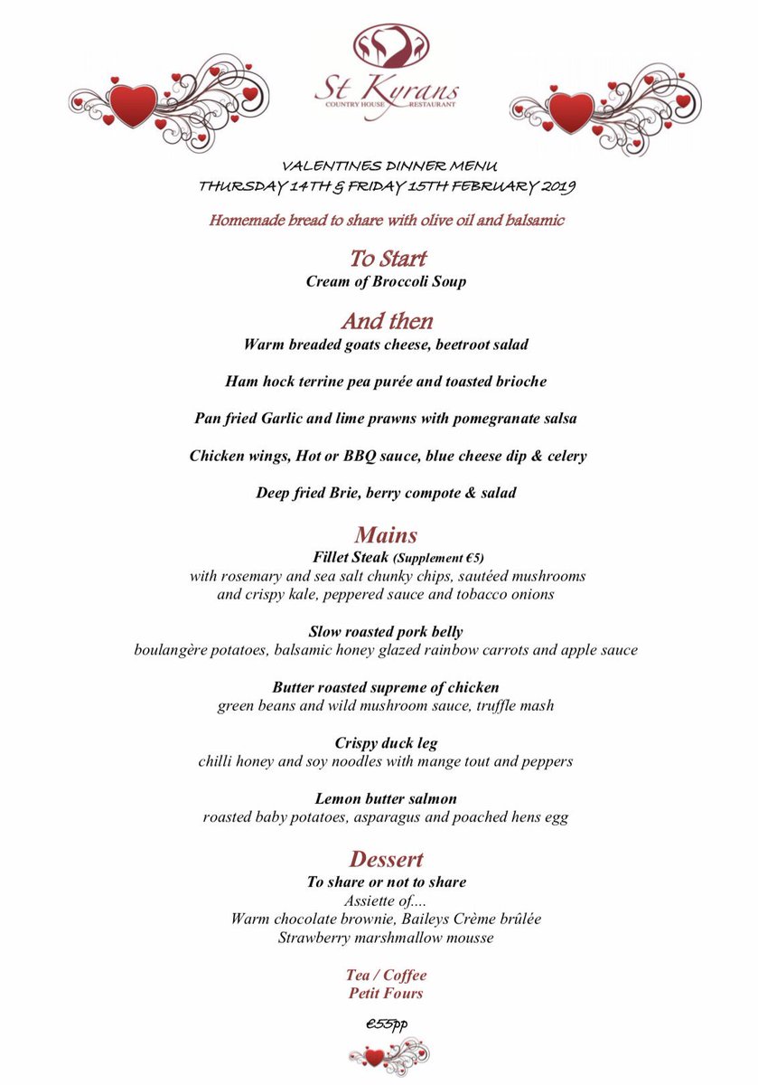 5 Course Valentines menu
Thurs 14th &amp; Fri 15th Feb.
Book now 0498547087