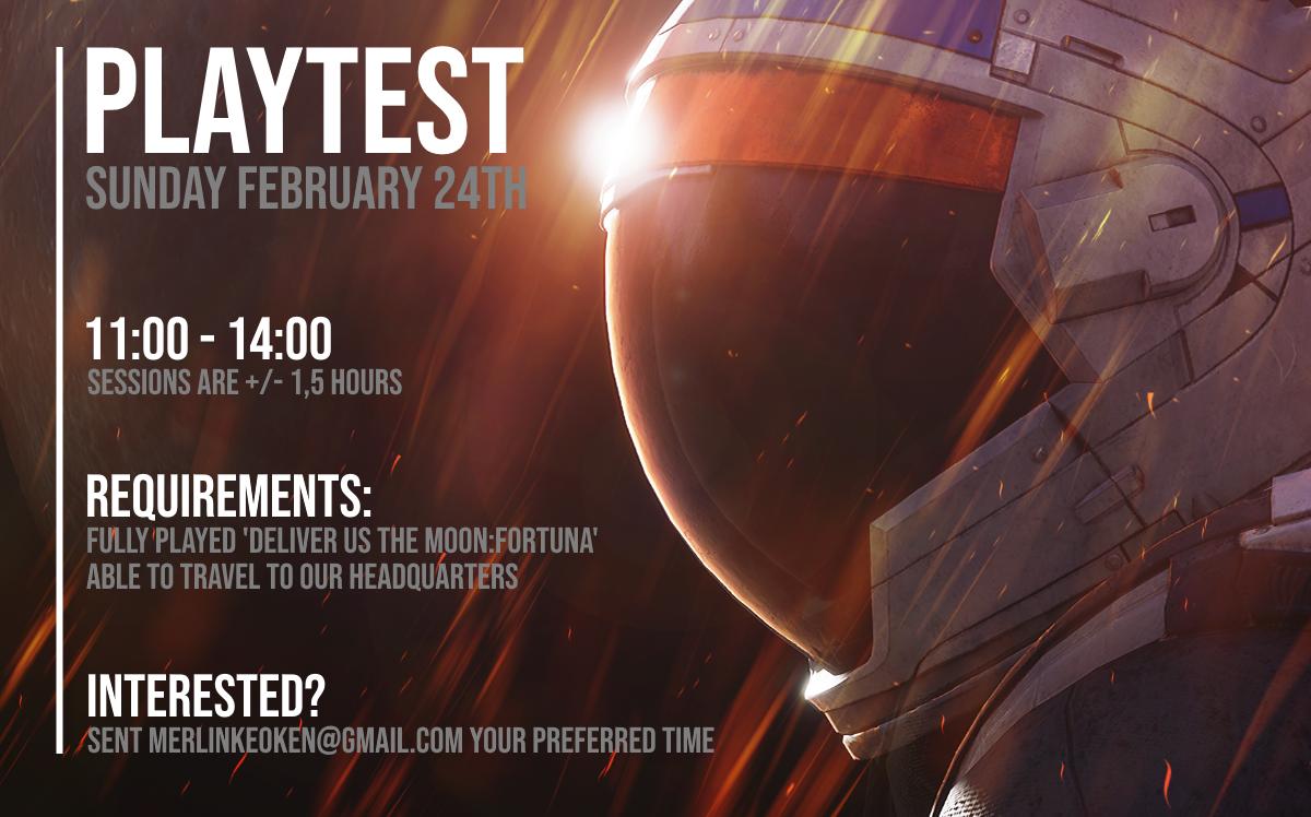KeokeN's tweet photo. Hey Astronauts! We are looking for new playtesters on location! Have you fully played @DeliverTheMoon: Fortuna and are able to come to our office? Sunday February 24th we organize a playtest between 11:00-14:00! Sessions are +/- 1,5 hours. #gamedev #indiedev #gameplaytest #indie https://t.co/LuKyFK7zE0