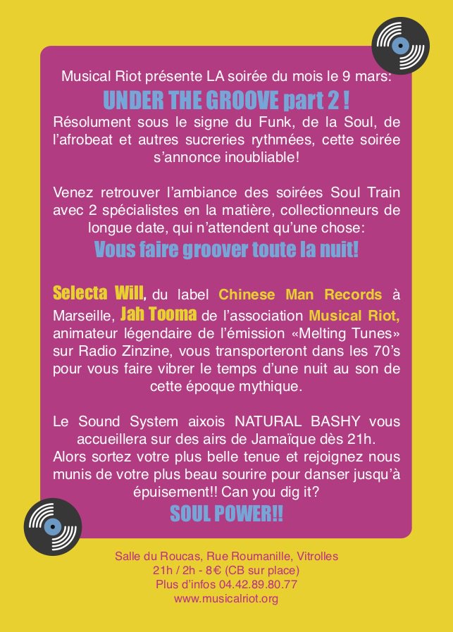 Under The Groove #2 - Samedi 9 Mars - <a href="/Vitrolles_13/">Vitrolles</a> 
#groove #soul #funk #soundsystem