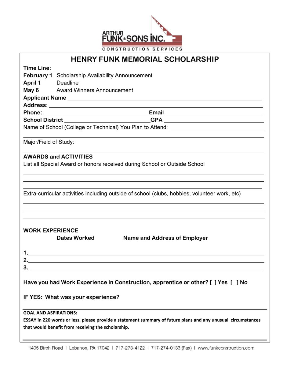 FunkBuilders's tweet image. We are proud to once again offer the Henry Funk Memorial Scholarship to senior students who have the desire to attend school in the construction trades. Applications must be received by April 1. #education