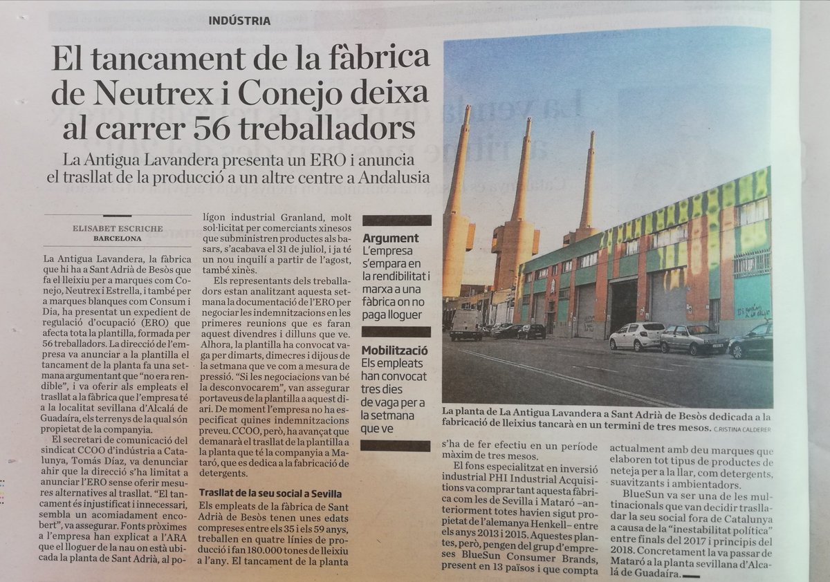 ICVSANTADRIA's tweet photo. Més atur. La fàbrica La Antigua Lavandera de #SantAdrià de Besòs de lleixiu #Conejo #Neutrex #Estrella #Cosum #Dia fa un ERO per traslladar la producció fora deixant a l'#atur tota la plantilla de 54 treballadors. https://t.co/AZq6eB7nsr