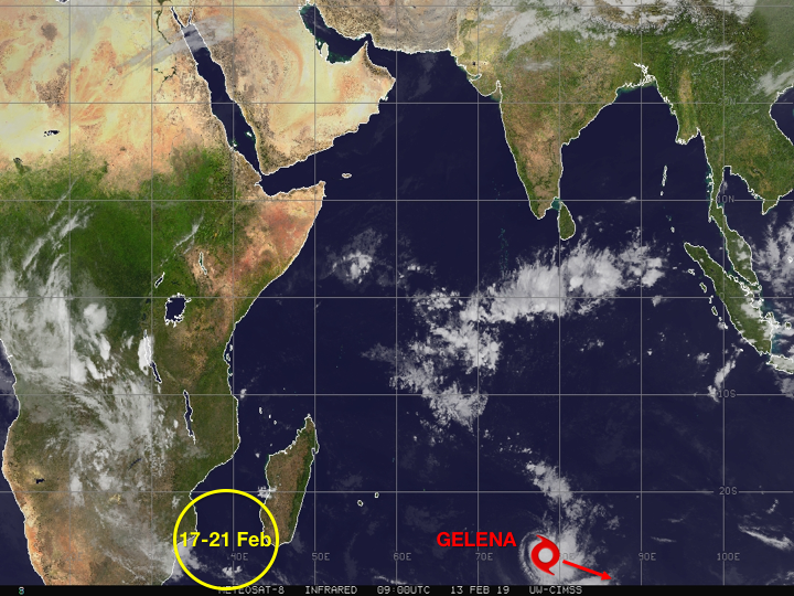 jnmet's tweet photo. #Gelena continues to weaken over the open waters of the southern IO. A fairly robust equatorial Rossby Wave and warm water may lead to tropical development over the #Mozambique Channel next week. https://t.co/O9nC9DSkGl