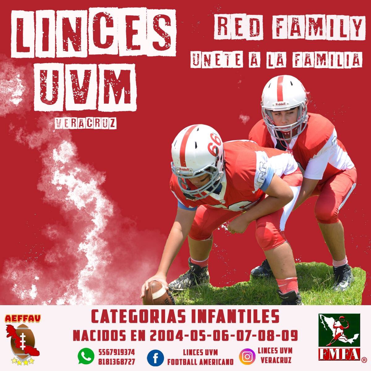 tigresfootball's tweet image. UNETE A LA FAMILIA
LINCES UVM VERACRUZ
Categorías Infantiles, nacidos 2004-05-06-07-08-09
#RedFamily
Contacto:
Coach Fernando (55) 6791-9374
Coach Dizán (81) 8136-8727
Coach Hugo (22) 2564-0197
