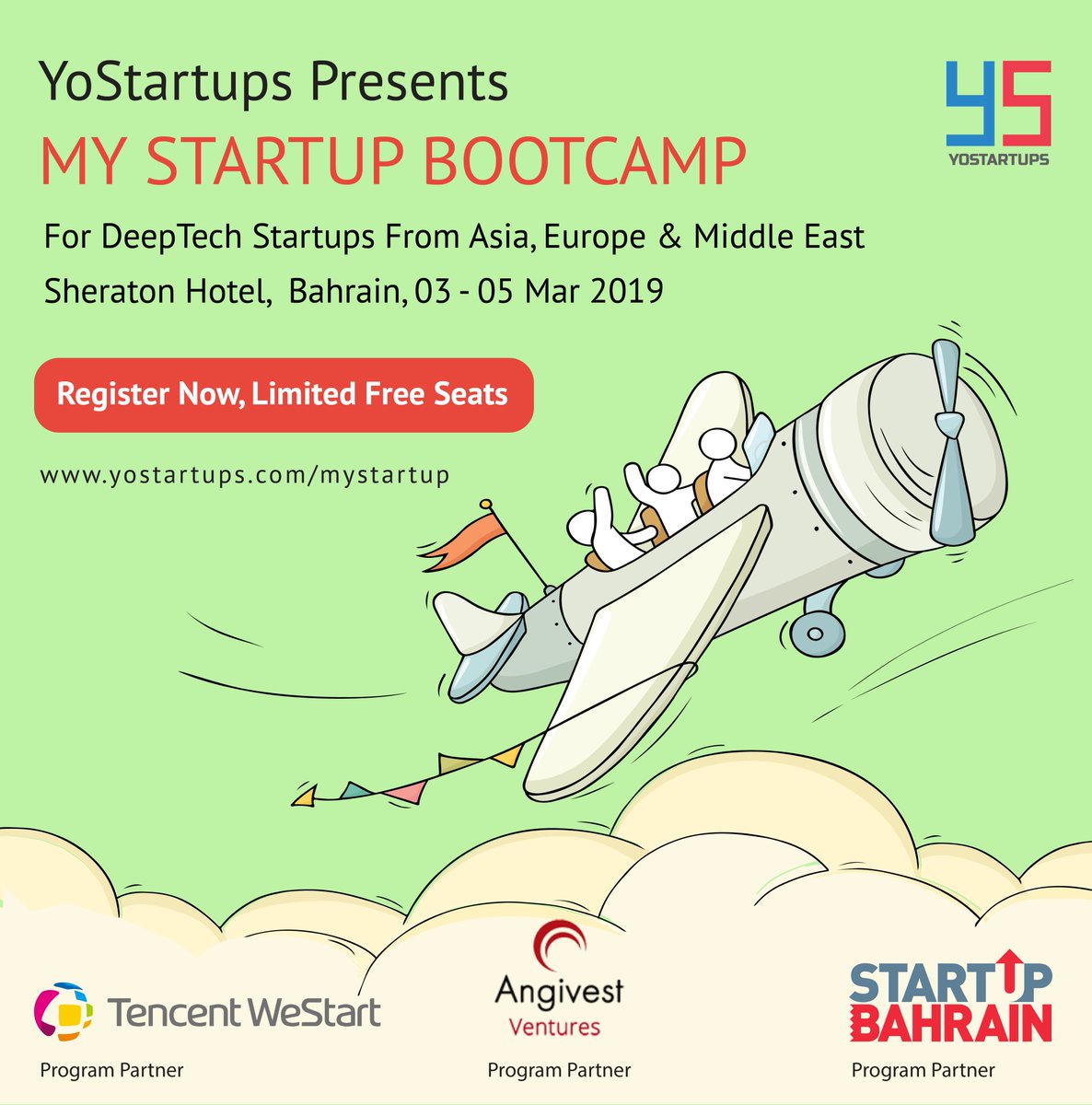 We're happy to announce that as part of #StartUpBahrain Week @YoStartups will host their International My #StartupBootcamp for #DeepTech #Smartcity #MachineLearning #Startups. Entrepreneurs can apply now zurl.co/OqQV