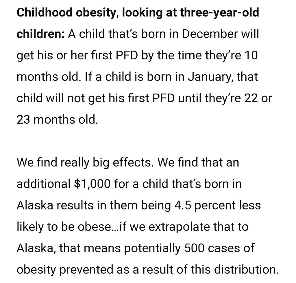 New research out of Alaska reveals very large effects of  #BasicIncome on obesity reduction. A $1,000 dividend (1/12 of a $1k/mo UBI) reduces the odds of a child growing up to be obese by 4.5%.The annual cost of obesity in the US is around $200 billion. https://www.alaskapublic.org/2019/02/12/ask-an-economist-what-does-the-pfd-for-jobs-crime-and-health-in-alaska/