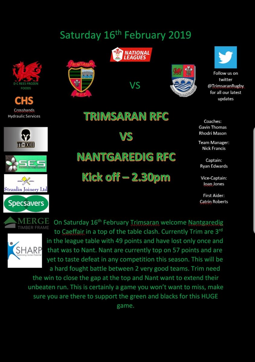 TrimsaranRugby's tweet photo. This coming Saturday we welcome @NantgaredigRFC to caeffair in a huge league clash. come and support the green and blacks https://t.co/HureE543NY