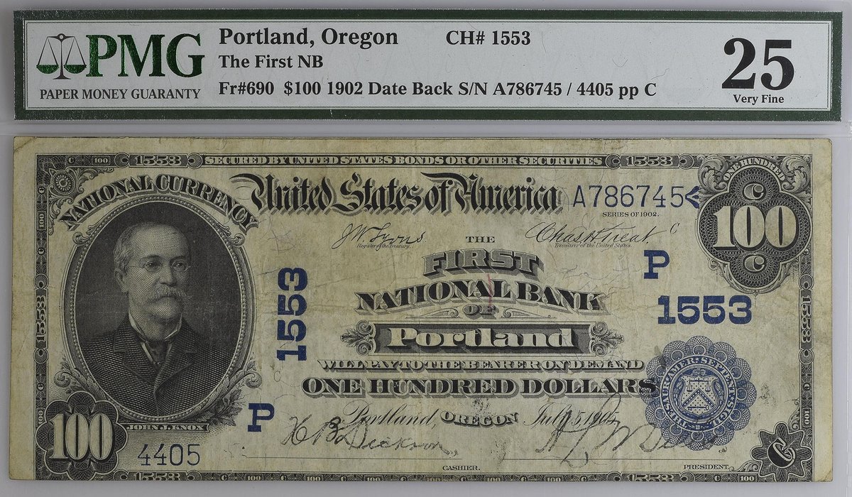 PMGnotes's tweet image. Note of the Day: Oregon, Portland (The First National Bank of Portland) 1902 Date Back 100 Dollars.  Oregon became a state on February 14, 1859.
#pmg #pmgnotes #papermoney #currency #banknotes #notes #oregon #portland #dollars