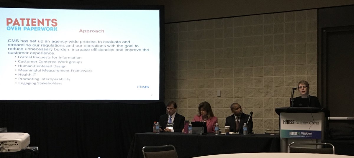 HHS_TechPolicy's tweet image. .@CMSGov’s Dr. Kate Goodrich discussing #PatientsOverPaperwork during Clinician Burden meeting at #HIMSS19.