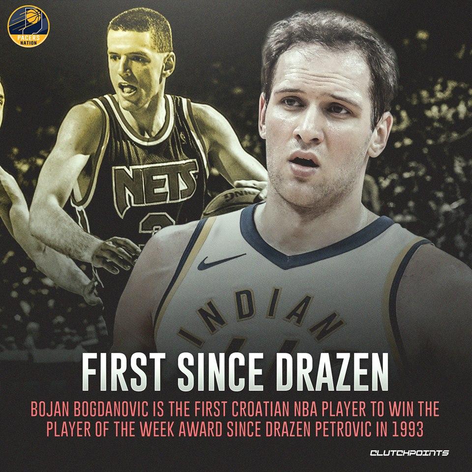 PacersNationCP's tweet image. Congrats to Bojan on winning the POTW award and honoring his fellow countryman, the legendary late Drazen Petrovic 👏🇭🇷 #Pacers