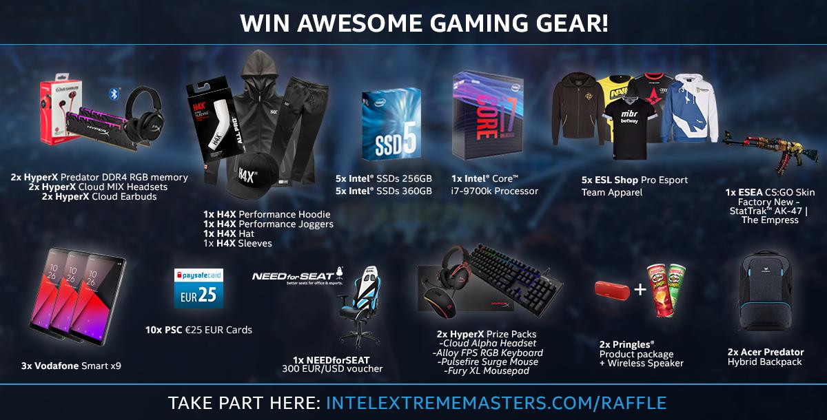 Join the #IEM Katowice 2019 giveaway for a chance to win awesome prizes from @intelgaming @HyperX @VodafoneGaming @NEEDforSEAT @paysafecard @Pringles @PredatorGaming @H4Xgg & @ESLShop! intelextrememasters.com/raffle