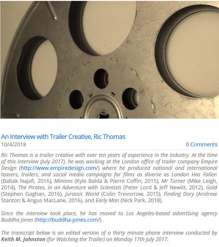 trailerhaus's tweet photo. Really enjoyed reading this long and detailed interview about the art of cutting trailers with Ric Thomas: https://t.co/mQ4DeDir8r 
#Trailer @watchingtrailer https://t.co/dLROksAHXq