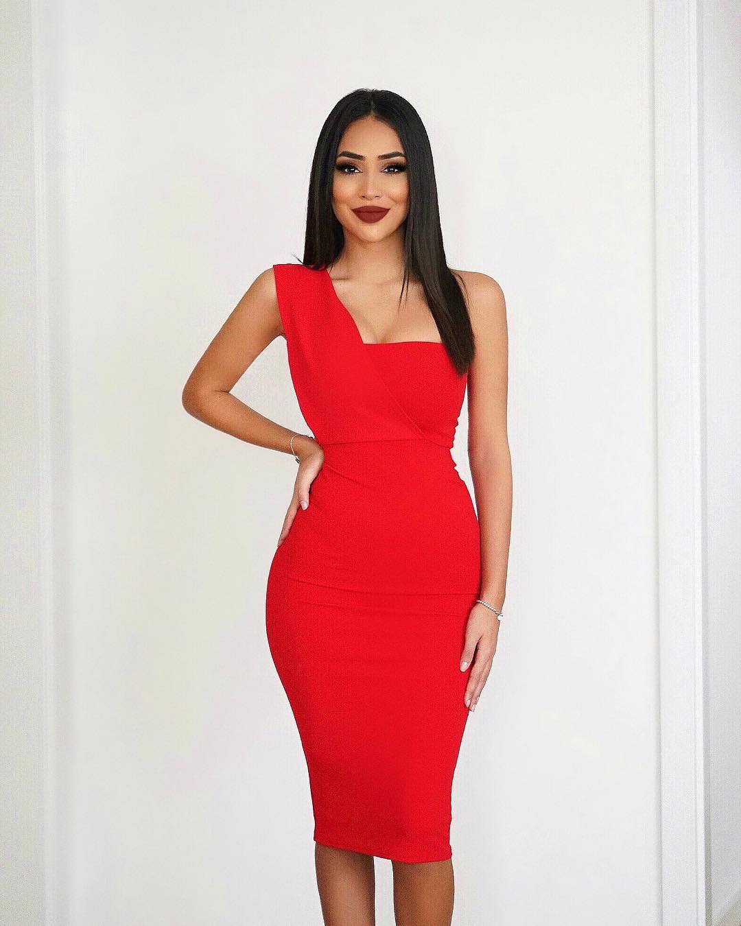 red one shoulder draped midi dress