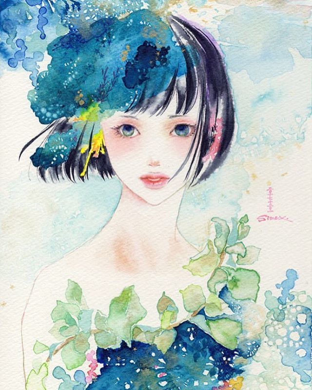 美人画　水彩画