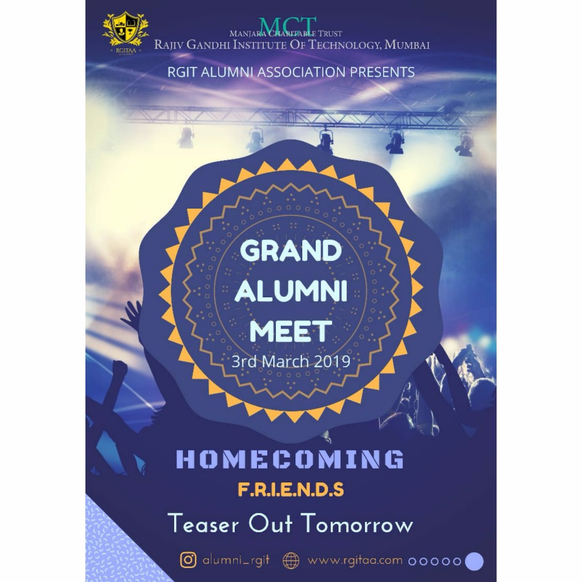 alumni_rgit's tweet image. Hello F.R.I.E.N.D.S !!!!!! 
We have organised a Grand Alumni Meet on 3rd March 2019 !!!  It&apos;s a homecoming for all our Alumni, a small gesture as tribute to you via teaser will be out tomorrow
#alumni #alumni🎓 #alumni_meet #alumnimeet #rgit 
#rajivgandhi #howsthejosh #Flashback