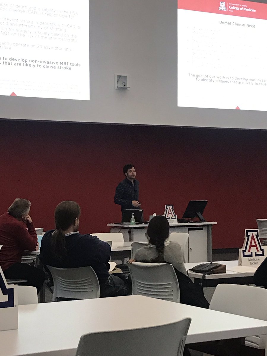 UofAZSurgery's tweet image. Dr. Craig Weinkauf discussing new techniques to identify plaques at risk in carotid atherosclerotic disease. #COMReserachDay2019 #Datablitz