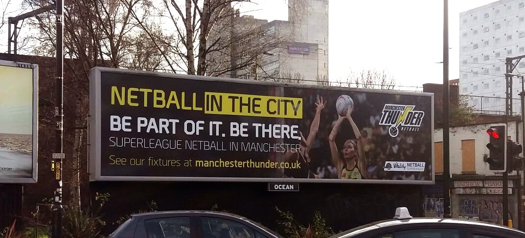 👀 Love working with <a href="/thundernetball/">AO Manchester Thunder Netball</a> - especially when we get to design giant 12 metre wide billboards to promote netball across the city centre.
 
Look out for them if you're in Manchester anytime soon!