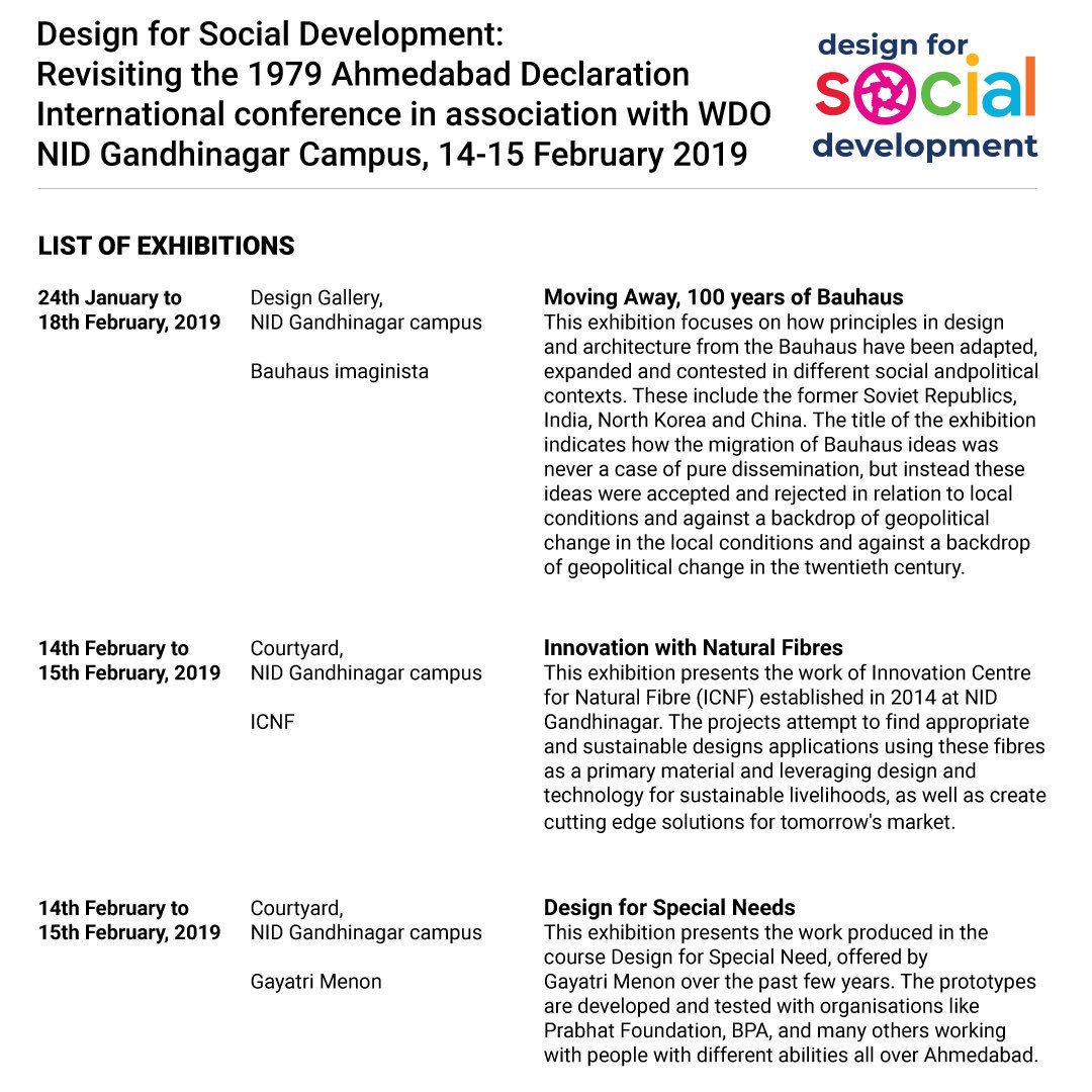 niddsd's tweet photo. We’re excited to announce the Exhibition Schedule that will be a part of the #DSDConferenceatNID in association with @worlddesignorg being held at #NIDGandhinagar from 14-15 February 2019.
@NID_India #DonNormanatNID #designexhibition #designtalks #DesignwithDon #Bauhaus https://t.co/0cTZE49lUh