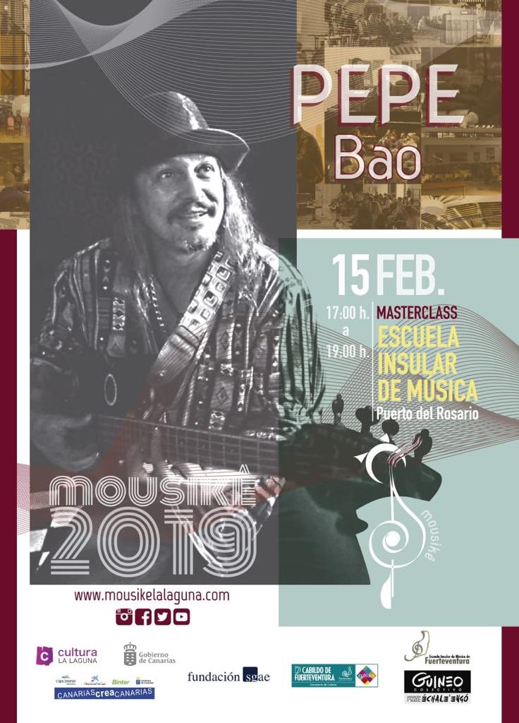 El músico <a href="/PepeBao46/">Pepe Bao oficial</a> (Pepe Bao) ofrecerá una masterclass este viernes, día 15, a las 17:00 h., en la Escuela Insular de Música (sede de Puerto del Rosario. Palacio de Formación). Pepe Bao, alma mater de O'Funk'illo, está considerado el mejor bajista eléctrico de nuestro país.
