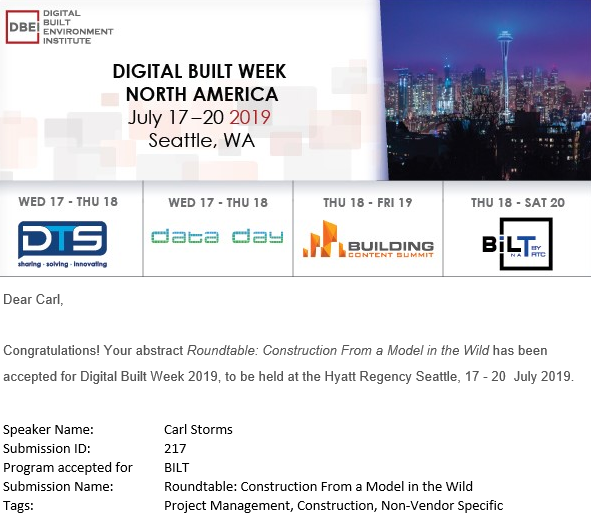theBIMsider's tweet image. It has been a good email day, I received 2 acceptances for #BILTna and 1 for  #BuildConSum! I&apos;m looking forward to a busy, informative, and fun week in Seattle in July! @BILTevent @BuildConSum @IMAGINiT_Tech