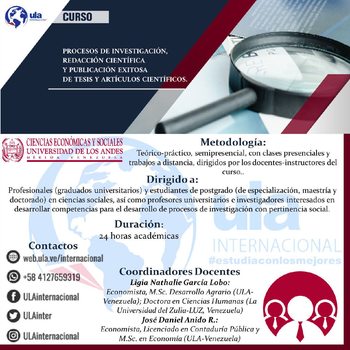 Cursos Ciencias Económicas y Sociales
Mayor Información: 
ULA Internacional
+58 4127659319
ulainternacional@gmail.com  #estudiaconlosmejores #cursos #administración #Contaduría #Economía #estadística #Venezuela #Argentina #Bolivia #Brasil #Chile #Colombia #Ecuador #Panamá #Perú
