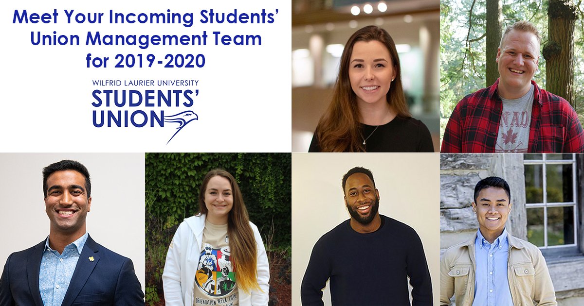 students_union's tweet photo. We're so excited to introduce you to the incoming Students' Union Management Team for 2019-2020! Head on over to our FB page (LaurierStudentsUnion) for a full list of names and titles and please join us in congratulating next year's team πππ #DrivenByStudents https://t.co/BDtPXqFrQj