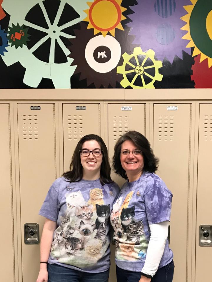 NWJHLibrary's tweet photo. We missed Twin Day and today is Tie Dye Day, so why not combine the two! Nicely done Ms. Ryan and Ms. Podhajsky! https://t.co/61EXJFCVVw